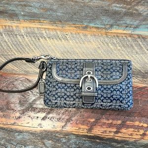 Coach Blue Denim Signature Jacquard Buckle Flap Wristlet Leather Trim Clutch